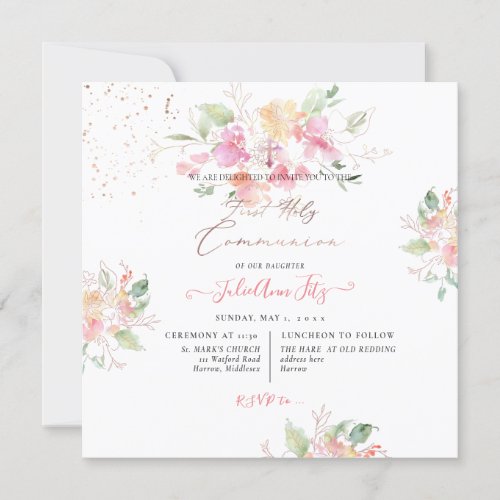 PixDezines Watercolor Sweetpeas Holy Communion Invitation