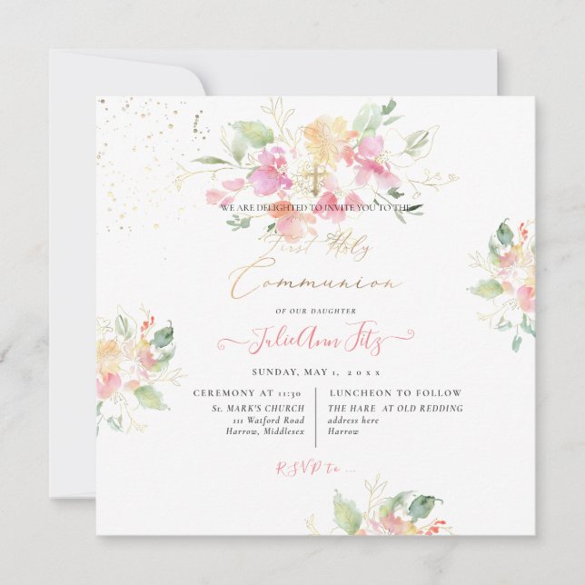 PixDezines Watercolor Sweetpeas Holy Communion Invitation (Front)