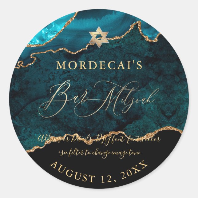 PixDezines Watercolor Teal Agate Bar Mitzvah  Classic Round Sticker (Front)