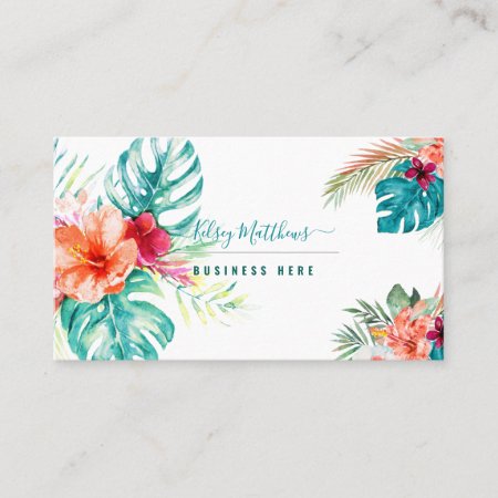 Pixdezines Watercolor Tropical Flowers Foliage Business Card