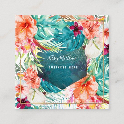 PixDezines Watercolor Tropical Flowers Foliage Square Business Card