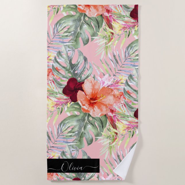 PixDezines Watercolor Tropical Paradise Flowers Beach Towel (Front)