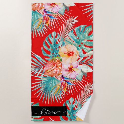 PixDezines Watercolor Tropical Paradise Flowers Beach Towel