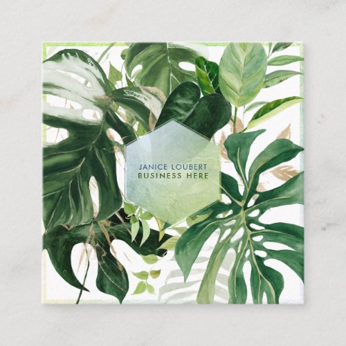 PixDezines Watercolor Variegated Tropical Greenery Square Business Card