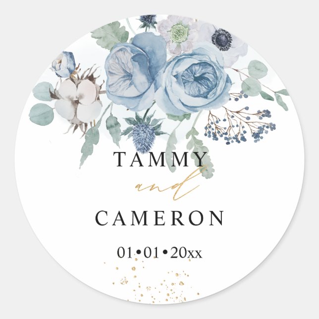 PixDezines Watercolor Winter Dusty Blue Cotton  Classic Round Sticker (Front)