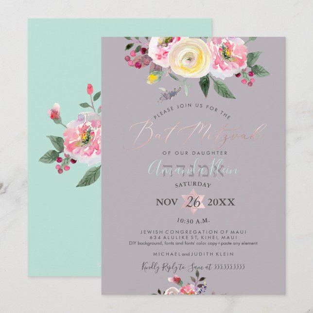 PixDezines Watercolor Winter Roses Bat Mitzvah Invitation (Front/Back)