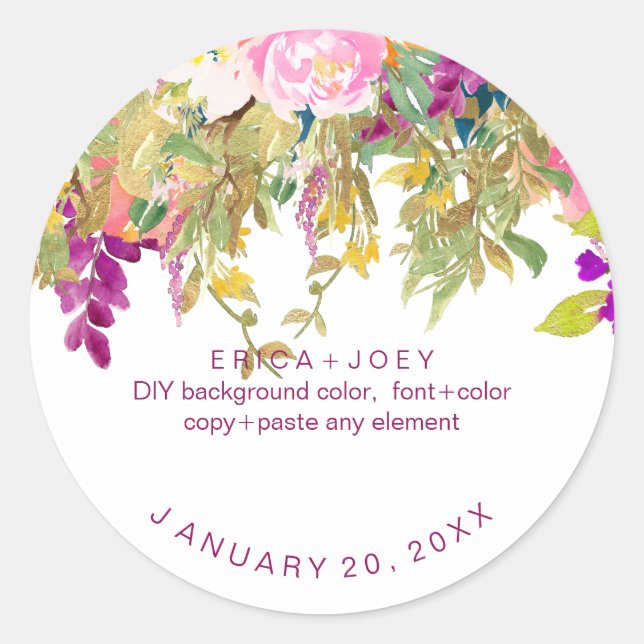 PixDezines Watercolor Wisteria+Peonies Classic Round Sticker (Front)