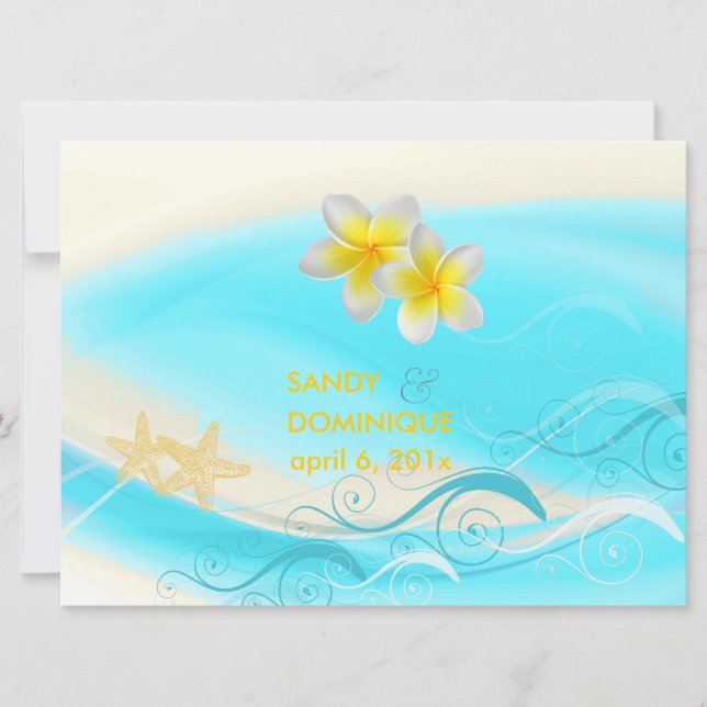 PixDezines Waves, Plumeria Lei+starfish+beach Invitation (Front)