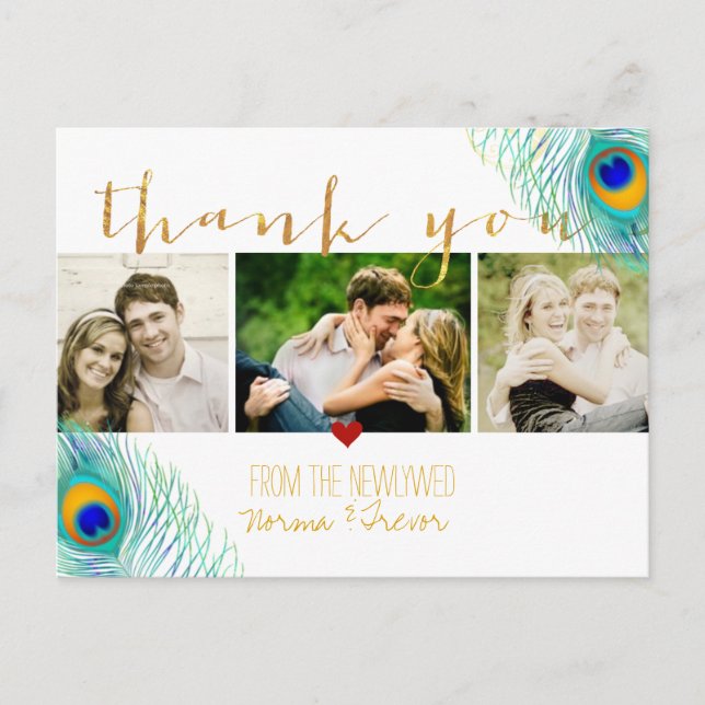 PixDezines wedding thank you/peacock feather Announcement Postcard (Front)