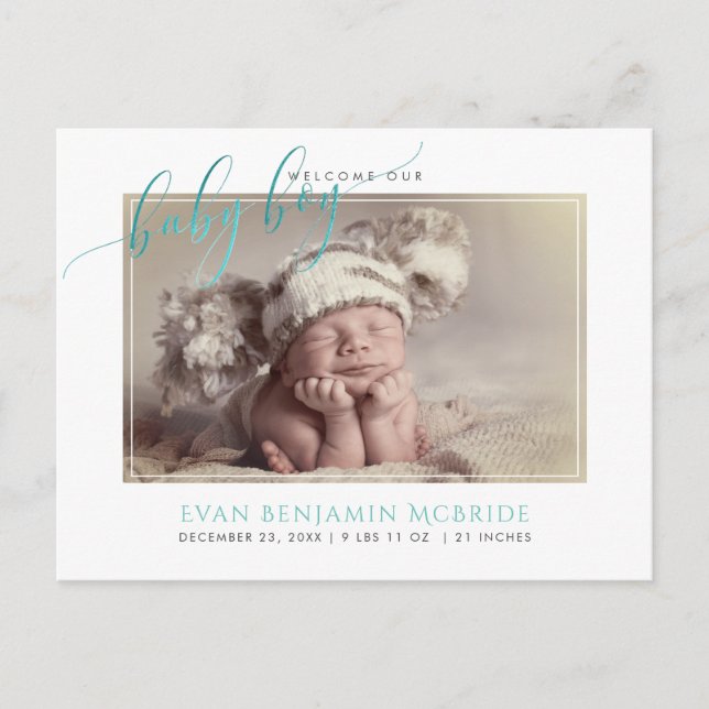 PixDezines Welcome Baby Boy, Faux Foil Script Announcement Postcard (Front)