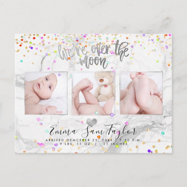 PixDezines We're Over the Moon Birth Confetti Announcement Postcard (Front)