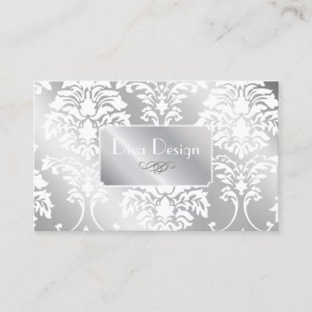 Pixdezines White Damask   Silver Tone Business Card by Create_Business_Card at Zazzle