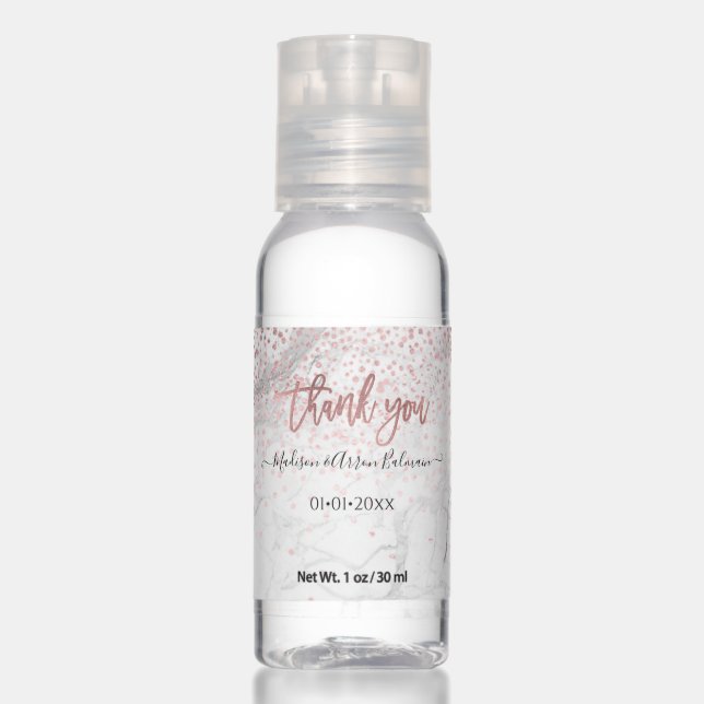 PixDezines White Marble and Faux Rose Gold Confett Hand Sanitizer (Front)