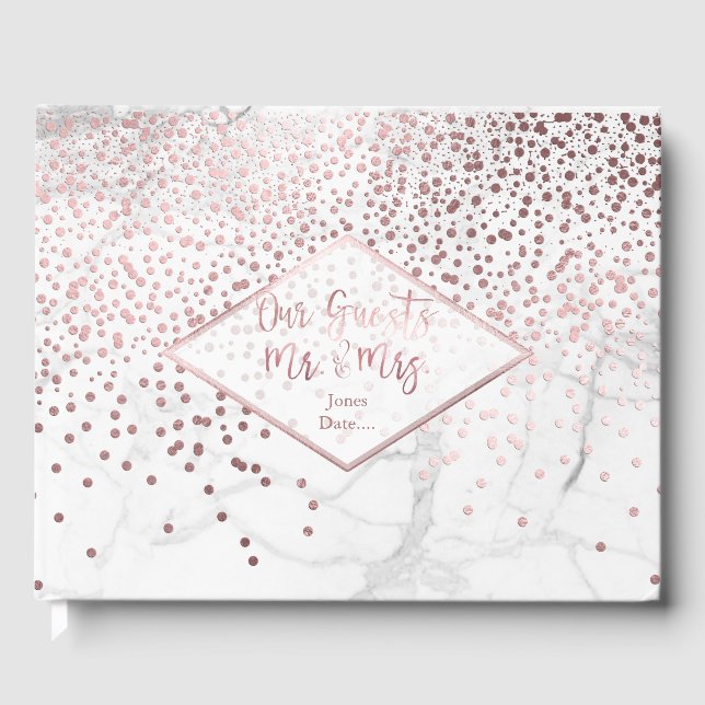 PixDezines WHITE MARBLE+FAUX ROSE GOLD CONFETTI Guest Book (Front)