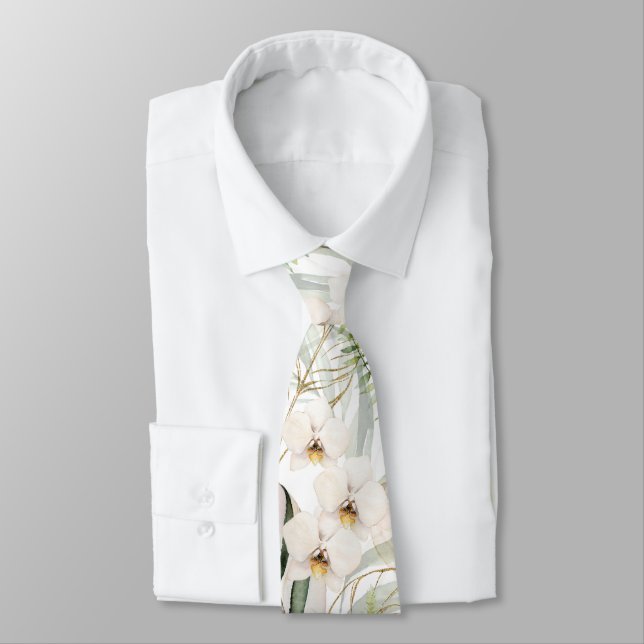 PixDezines White Orchids Green Gold Neck Tie (Tied)