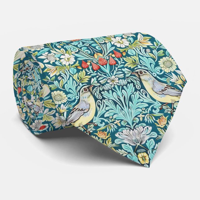 PixDezines William Morris Strawberry Thief Turquoi Neck Tie (Rolled)