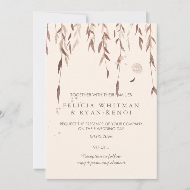 PixDezines Willow/Faux Pink Gold/DIY background Invitation (Back)
