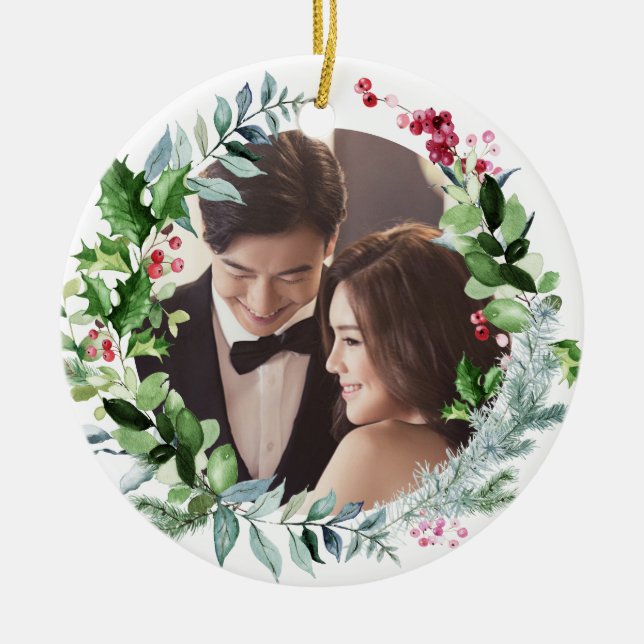 PixDezines Winter Wreath, First Christmas Ceramic Ornament (Front)