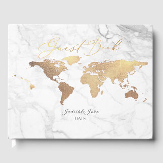 PixDezines World Map, Faux Gold + Marble Guest Book