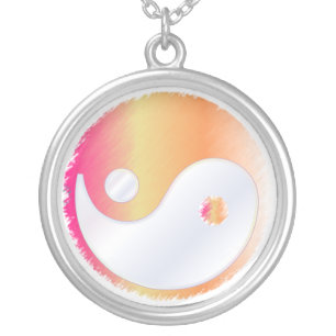 PixDezines Yin Yang, Pink+Orange Silver Plated Necklace
