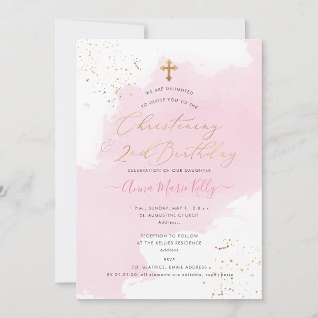 PixDezinesPink Watercolor Christening 2nd Birthday Invitation (Front)