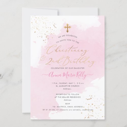 PixDezinesPink Watercolor Christening 2nd Birthday Invitation