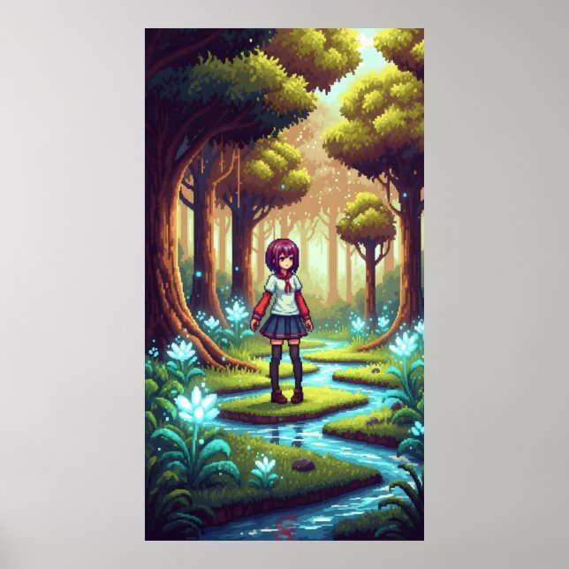 Pixel anime girl in a dense forest  poster (Front)