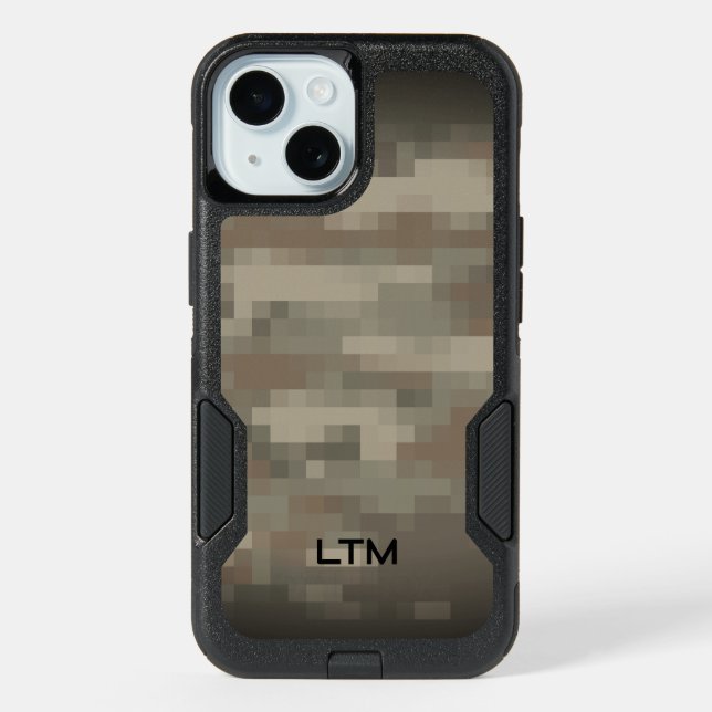 Pixel army camo pattern custom monogram Otterbox iPhone 15 Case (Back)