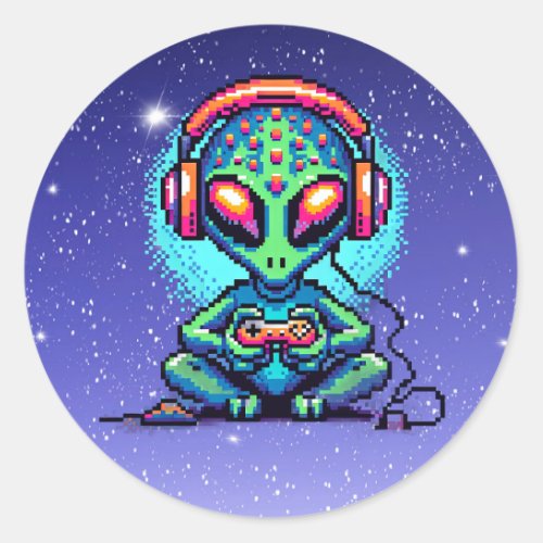 Pixel Art Alien playing Video Games Classic Round Sticker