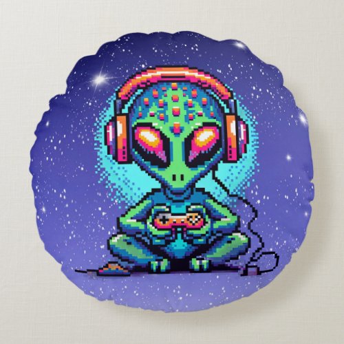 Pixel Art Alien playing Video Games Round Pillow