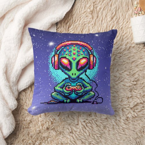 Pixel Art Alien Playing Video Games Throw Pillow