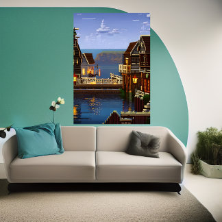 Pixel art, American town near the ocean | AI Art Poster