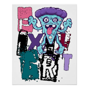 Pixel art and blue monster poster