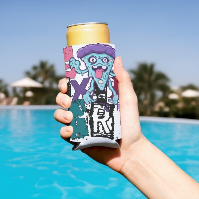 Pixel art and blue monster seltzer can cooler (In Situ Pool)