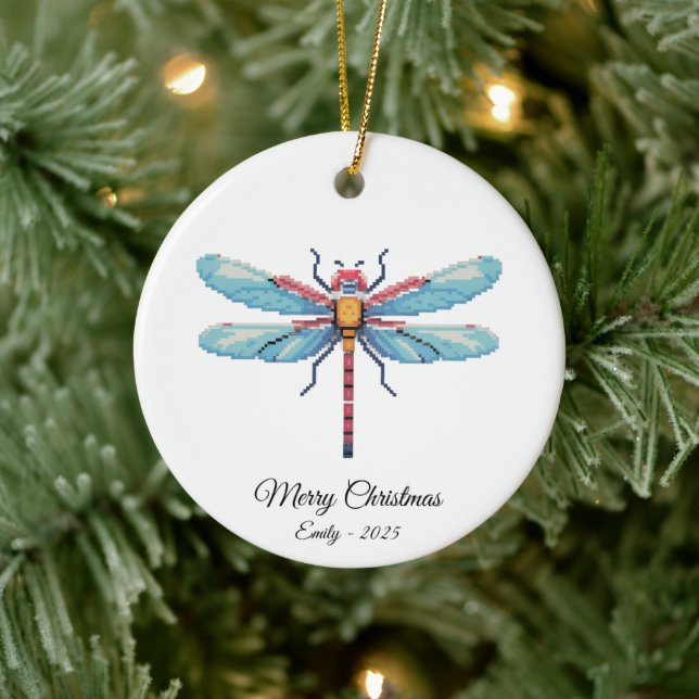 Pixel Art Blue Dragonfly Insect Art Christmas Gift Ceramic Ornament (Tree)