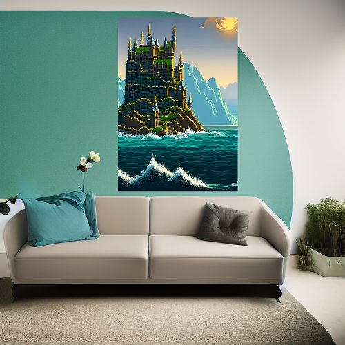 Pixel art Castle on rock in the sea  AI Art Poster
