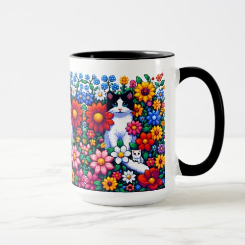 Pixel Art Cat Kitten and Flowers  Mug