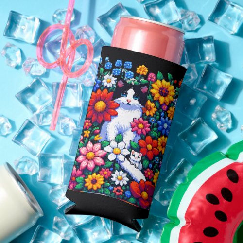 Pixel Art Cat Kitten and Flowers Personalized Seltzer Can Cooler