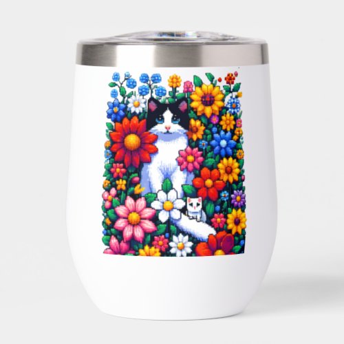 Pixel Art Cat Kitten and Flowers Personalized Thermal Wine Tumbler