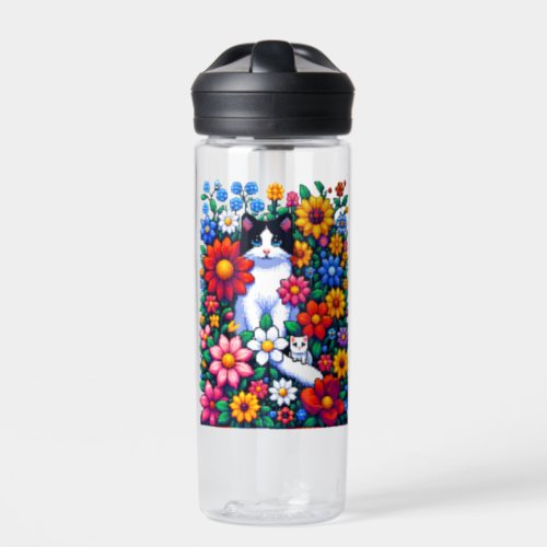 Pixel Art Cat Kitten and Flowers Personalized Water Bottle