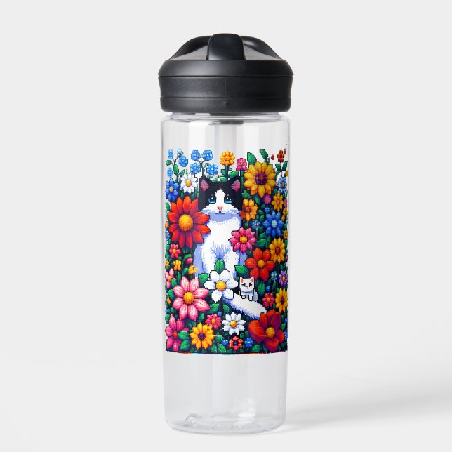 Pixel Art Cat, Kitten and Flowers Personalized Water Bottle (Front)