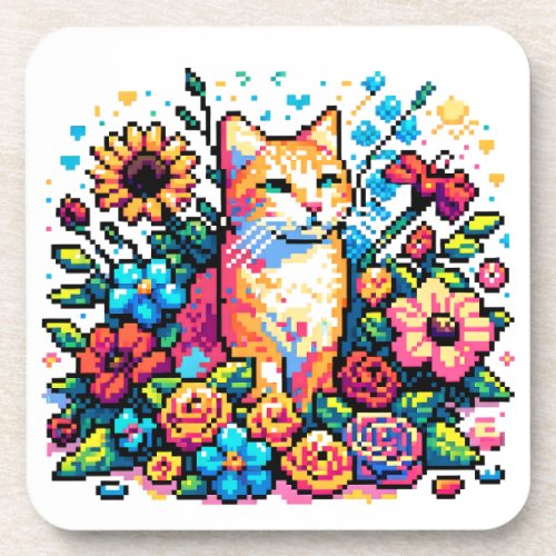 Pixel Art  Cat Sitting in Flowers   Beverage Coaster