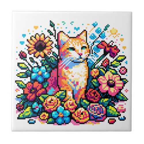 Pixel Art  Cat Sitting in Flowers   Ceramic Tile