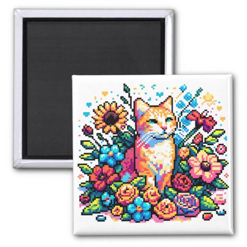 Pixel Art  Cat Sitting in Flowers   Magnet