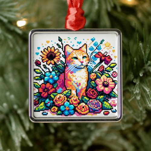 Pixel Art  Cat Sitting in Flowers   Metal Ornament