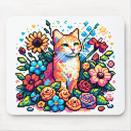 Pixel Art  Cat Sitting in Flowers   Mouse Pad