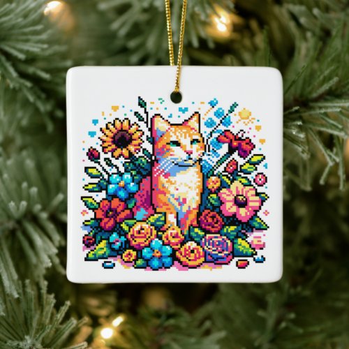 Pixel Art  Cat Sitting in Flowers Personalized  Ceramic Ornament