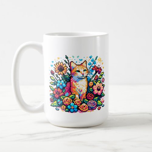 Pixel Art  Cat Sitting in Flowers Personalized  Coffee Mug