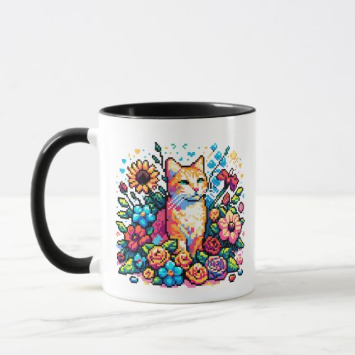 Pixel Art  Cat Sitting in Flowers Personalized  Mug