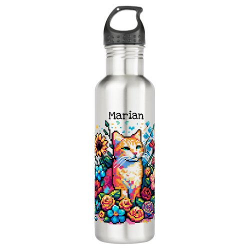 Pixel Art  Cat Sitting in Flowers Personalized  Stainless Steel Water Bottle